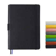 Thick Hardcover Notebook/Journal with A5 120gsm Premium Paper, College Ruled Bound Notebook with Pen Holder, Black Leather, 3 Ribbon Marker, Inner Pocket, 8.4 x 5.7 in