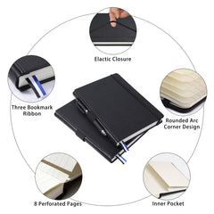 Thick Hardcover Notebook/Journal with A5 120gsm Premium Paper, College Ruled Bound Notebook with Pen Holder, Black Leather, 3 Ribbon Marker, Inner Pocket, 8.4 x 5.7 in