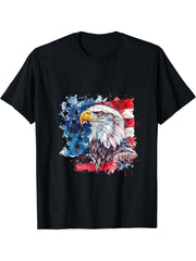4th Of July Patriotic Bald Eagle American Flag USA America T-Shirt 180G 100% Cotton Printed Round Neck Short-Sleeve T-Shirt, Gifts for Men Dad Husband Grandpa, S-XXXL, Black