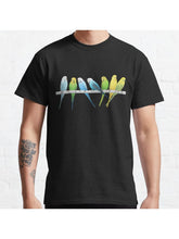 Rows of Budgies pet birds sitting on a perch a on white background Classic T-Shirt 100% Cotton, Gifts for Men Dad Husband Grandpa, S-XXXL, Black