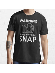 Warning - At Any Time I May Snap Essential T-Shirt 100% Cotton, Gifts for Men Dad Husband Grandpa, S-XXXL, Black