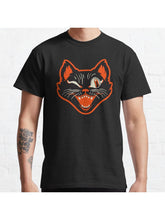 Retro Vintage Halloween Black Cat Winking Face Classic T-Shirt 100% Cotton, Gifts for Men Dad Husband Grandpa, S-XXXL, Black