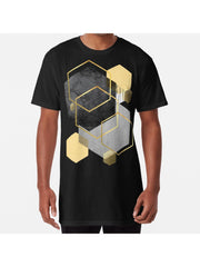 Black Yellow Gold Geometric Long T-Shirt 100% Cotton, Gifts for Men Dad Husband Grandpa, S-XXXL, Black