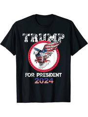Trump For President 2024 Patriotic American Flag Bald Eagle T-Shirt 180G 100% Cotton Printed Round Neck Short-Sleeve T-Shirt, Gifts for Men Dad Husband Grandpa, S-XXXL, Black