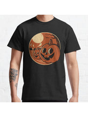 Vintage Halloween Pumpkin Scene Classic T-Shirt 100% Cotton, Gifts for Men Dad Husband Grandpa, S-XXXL, Black