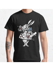 Alice in Wonderland White Rabbit Classic T-Shirt 100% Cotton, Gifts for Men Dad Husband Grandpa, S-XXXL, Black