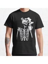halloween skeleton drinking coffee funny Classic T-Shirt 100% Cotton, Gifts for Men Dad Husband Grandpa, S-XXXL, Black