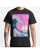 Vaporwave Aesthetic Great Wave Off Kanagawa Retro Sunset Classic T-Shirt 100% Cotton, Gifts for Men Dad Husband Grandpa, S-XXXL, Black