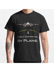 Easily Distracted By Planes Classic T-Shirt 100% Cotton, Gifts for Men Dad Husband Grandpa, S-XXXL, Black