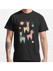 Astronaut Llamas in Space Classic T-Shirt 100% Cotton, Gifts for Men Dad Husband Grandpa, S-XXXL, Black