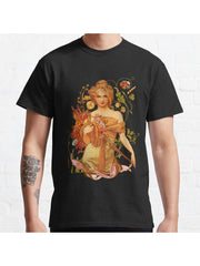 Mucha Floral Classic T-Shirt 100% Cotton, Gifts for Men Dad Husband Grandpa, S-XXXL, Black