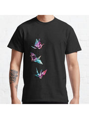 White Crane Watercolor Origami Classic T-Shirt 100% Cotton, Gifts for Men Dad Husband Grandpa, S-XXXL, Black