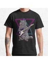 Bass Cat- Rock band kitty playing the bass guitar Classic T-Shirt 100% Cotton, Gifts for Men Dad Husband Grandpa, S-XXXL, Black