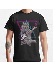 Bass Cat- Rock band kitty playing the bass guitar Classic T-Shirt 100% Cotton, Gifts for Men Dad Husband Grandpa, S-XXXL, Black