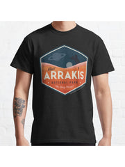 Visit Arrakis – The Spicy Planet! – Vintage National Park Travel badge Classic T-Shirt 100% Cotton, Gifts for Men Dad Husband Grandpa, S-XXXL, Black