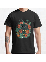 Cat in Poppy Flowers Classic T-Shirt 100% Cotton, Gifts for Men Dad Husband Grandpa, S-XXXL, Black