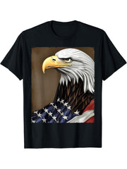 American Flag Covered Bald Eagle USA 4th of July Patriotic T-Shirt 180G 100% Cotton Printed Round Neck Short-Sleeve T-Shirt, Gifts for Men Dad Husband Grandpa, S-XXXL, Black
