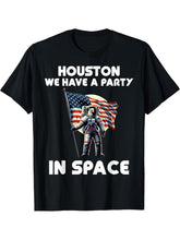 Houston we have a party Bald Eagle Astronaut 4th of July USA T-Shirt 180G 100% Cotton Printed Round Neck Short-Sleeve T-Shirt, Gifts for Men Dad Husband Grandpa, S-XXXL, Black