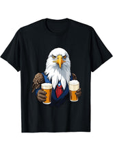 Funny Bald Eagle With Beer Mug Independence Day T-Shirt 180G 100% Cotton Printed Round Neck Short-Sleeve T-Shirt, Gifts for Men Dad Husband Grandpa, S-XXXL, Black