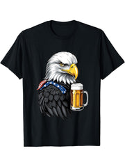 Boozing Bald Eagle With Beer Mug American Flag T-Shirt 180G 100% Cotton Printed Round Neck Short-Sleeve T-Shirt, Gifts for Men Dad Husband Grandpa, S-XXXL, Black