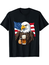 Boozing Bald Eagle With Beer Mug American Flag T-Shirt 180G 100% Cotton Printed Round Neck Short-Sleeve T-Shirt, Gifts for Men Dad Husband Grandpa, S-XXXL, Black