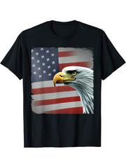 4th of July American Bald Eagle Had On USA Flag T-Shirt 180G 100% Cotton Printed Round Neck Short-Sleeve T-Shirt, Gifts for Men Dad Husband Grandpa, S-XXXL, Black