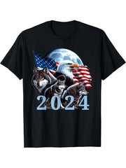 2024 Wolves Bald Eagle American Flag Full Moon New Years T-Shirt 180G 100% Cotton Printed Round Neck Short-Sleeve T-Shirt, Gifts for Men Dad Husband Grandpa, S-XXXL, Black