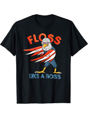 Fourth of July Floss Like A Boss American Flag Bald Eagle T-Shirt 180G 100% Cotton Printed Round Neck Short-Sleeve T-Shirt, Gifts for Men Dad Husband Grandpa, S-XXXL, Black