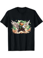funny St Patricks irish leprechaun on an american bald eagle T-Shirt 180G 100% Cotton Printed Round Neck Short-Sleeve T-Shirt, Gifts for Men Dad Husband Grandpa, S-XXXL, Black