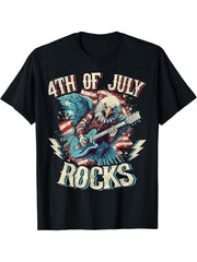 4th Of July Rocks Guitar Bald Eagle Rock Musican T-Shirt 180G 100% Cotton Printed Round Neck Short-Sleeve T-Shirt, Gifts for Men Dad Husband Grandpa, S-XXXL, Black