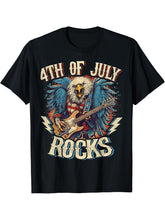 4th Of July Rocks Guitar Bald Eagle Rock Musican T-Shirt 180G 100% Cotton Printed Round Neck Short-Sleeve T-Shirt, Gifts for Men Dad Husband Grandpa, S-XXXL, Black