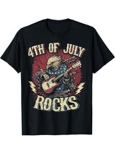 4th Of July Rocks Guitar Bald Eagle Rock Musican T-Shirt 180G 100% Cotton Printed Round Neck Short-Sleeve T-Shirt, Gifts for Men Dad Husband Grandpa, S-XXXL, Black