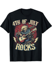 4th Of July Rocks Guitar Bald Eagle Rock Musican T-Shirt 180G 100% Cotton Printed Round Neck Short-Sleeve T-Shirt, Gifts for Men Dad Husband Grandpa, S-XXXL, Black