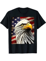 Bald Eagle USA Flag Realistic Painting American 4th of July T-Shirt 180G 100% Cotton Printed Round Neck Short-Sleeve T-Shirt, Gifts for Men Dad Husband Grandpa, S-XXXL, Black