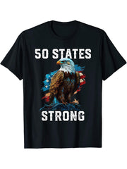 50 States Strong American Bald Eagle America 4th Of July T-Shirt 180G 100% Cotton Printed Round Neck Short-Sleeve T-Shirt, Gifts for Men Dad Husband Grandpa, S-XXXL, Black