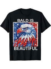 Bald is Beautiful Patriotic 4th of July Bald Eagle Design T-Shirt 180G 100% Cotton Printed Round Neck Short-Sleeve T-Shirt, Gifts for Men Dad Husband Grandpa, S-XXXL, Black