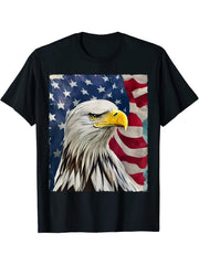 4th of July Painting Bald Eagle American Flag USA Patriotic T-Shirt 180G 100% Cotton Printed Round Neck Short-Sleeve T-Shirt, Gifts for Men Dad Husband Grandpa, S-XXXL, Black