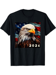 2024 Bald Eagle American Flag New Years Eagle Lovers Design T-Shirt 180G 100% Cotton Printed Round Neck Short-Sleeve T-Shirt, Gifts for Men Dad Husband Grandpa, S-XXXL, Black