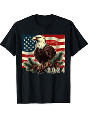 2024 Bald Eagle American Flag New Years Eagle Lovers Design T-Shirt 180G 100% Cotton Printed Round Neck Short-Sleeve T-Shirt, Gifts for Men Dad Husband Grandpa, S-XXXL, Black