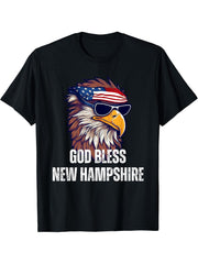 God Bless New Hampshire - Patriotic Bald Eagle American Flag T-Shirt 180G 100% Cotton Printed Round Neck Short-Sleeve T-Shirt, Gifts for Men Dad Husband Grandpa, S-XXXL, Black