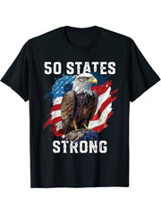 50 States Strong American Bald Eagle America 4th Of July T-Shirt 180G 100% Cotton Printed Round Neck Short-Sleeve T-Shirt, Gifts for Men Dad Husband Grandpa, S-XXXL, Black