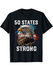 50 States Strong American Bald Eagle America 4th Of July T-Shirt 180G 100% Cotton Printed Round Neck Short-Sleeve T-Shirt, Gifts for Men Dad Husband Grandpa, S-XXXL, Black