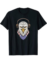 Bald Eagle Wearing Headphones USA US Flag Bird 4th of July T-Shirt 180G 100% Cotton Printed Round Neck Short-Sleeve T-Shirt, Gifts for Men Dad Husband Grandpa, S-XXXL, Black