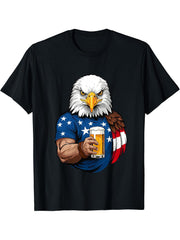 Boozing Bald Eagle With Beer Mug Celebrate Freedom T-Shirt 180G 100% Cotton Printed Round Neck Short-Sleeve T-Shirt, Gifts for Men Dad Husband Grandpa, S-XXXL, Black