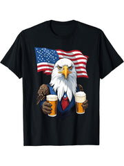 Boozing Bald Eagle With Beer Mug Funny Design T-Shirt 180G 100% Cotton Printed Round Neck Short-Sleeve T-Shirt, Gifts for Men Dad Husband Grandpa, S-XXXL, Black
