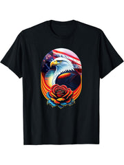 Bald Eagle Rose Patriotic 4th of July USA American Flag T-Shirt 180G 100% Cotton Printed Round Neck Short-Sleeve T-Shirt, Gifts for Men Dad Husband Grandpa, S-XXXL, Black