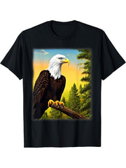 Bald Eagle Forest Sunset American National Animal Patriotic T-Shirt 180G 100% Cotton Printed Round Neck Short-Sleeve T-Shirt, Gifts for Men Dad Husband Grandpa, S-XXXL, Black