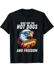 Here For The Hot Dogs And Freedom Bald Eagle Hotdog T-Shirt 180G 100% Cotton Printed Round Neck Short-Sleeve T-Shirt, Gifts for Men Dad Husband Grandpa, S-XXXL, Black