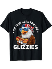 Bald Eagle Hotdog American I'm Just Here For The Glizzies T-Shirt 180G 100% Cotton Printed Round Neck Short-Sleeve T-Shirt, Gifts for Men Dad Husband Grandpa, S-XXXL, Black