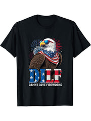DILF Damn I love Fireworks Bald Eagle 4th of July Pun Men T-Shirt 180G 100% Cotton Printed Round Neck Short-Sleeve T-Shirt, Gifts for Men Dad Husband Grandpa, S-XXXL, Black